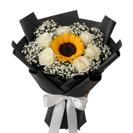 Sunflower & White Roses – Black Wrap